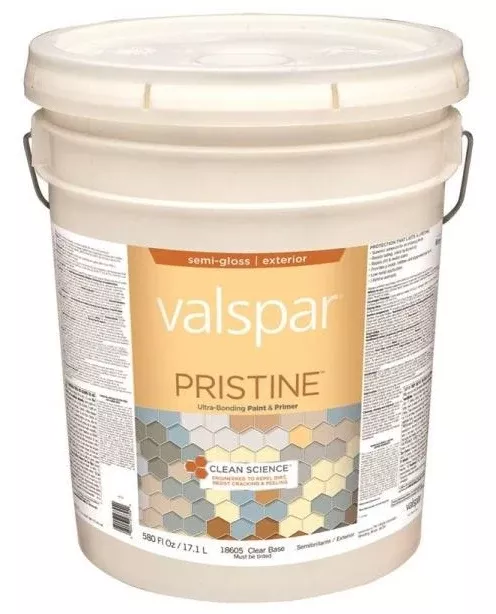 Valspar 18605 Pristine Exterior Paint/Primer, Latex, Clear Base, Semi-Gloss, 5 Gallon