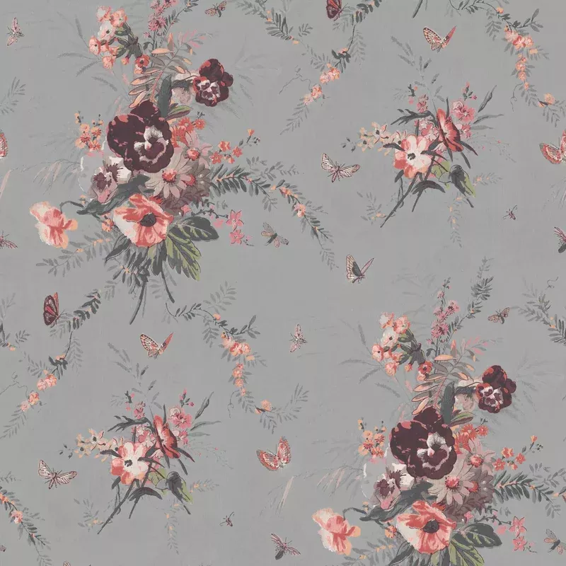 Violas and Butterflies Grey Wallpaper