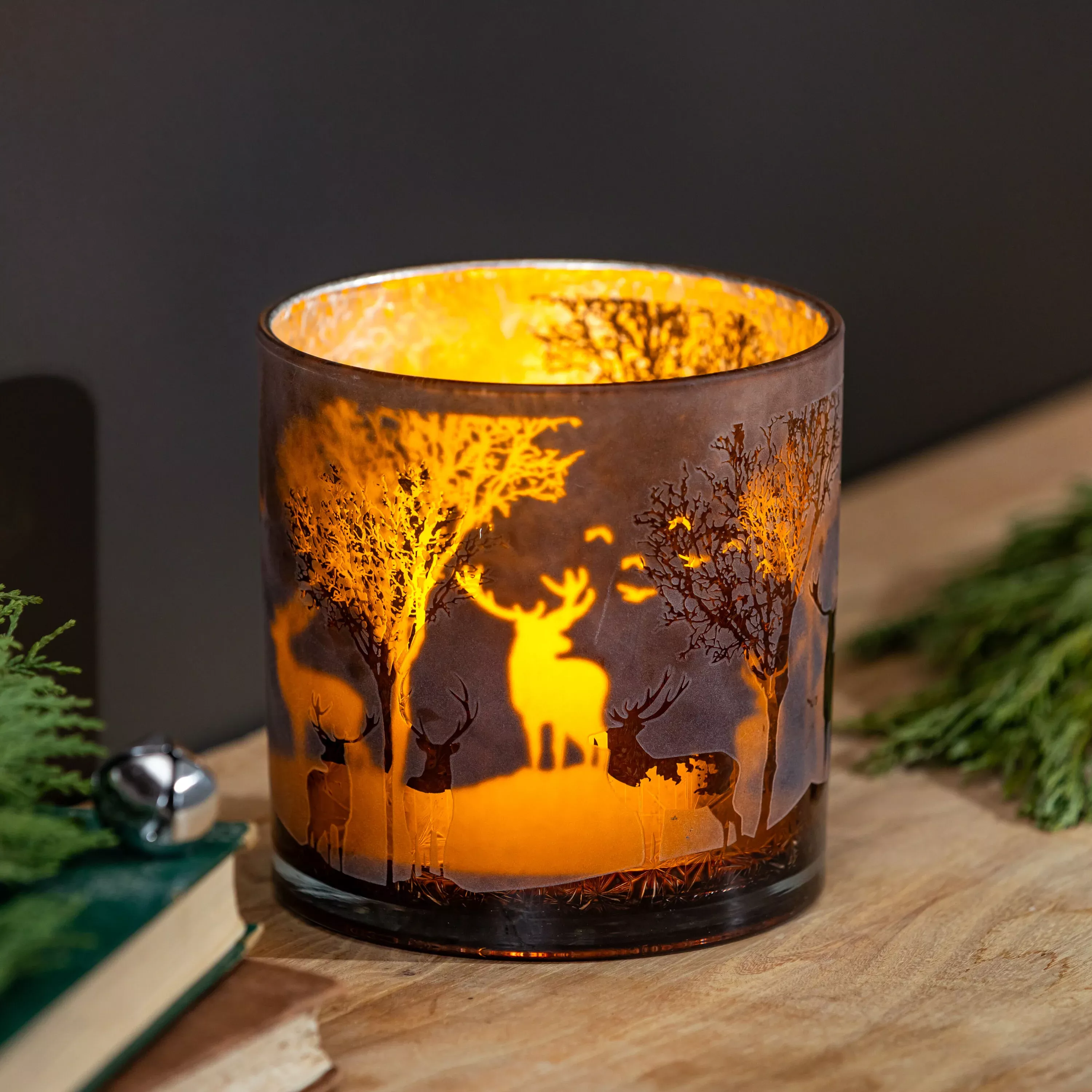 VivaStyle Pillar Candle Holder, Glass, Etched Reindeer and Trees, 6"H
