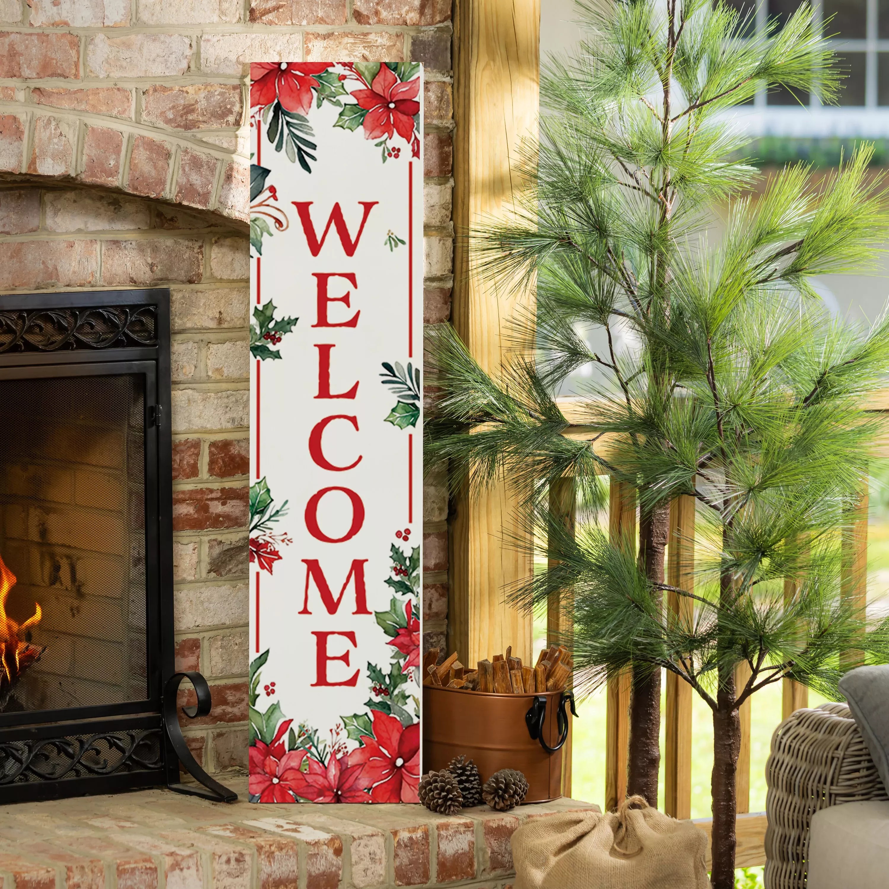 VivaStyle Poinsettia Bliss Porch Leaner, "Welcome", 46"H