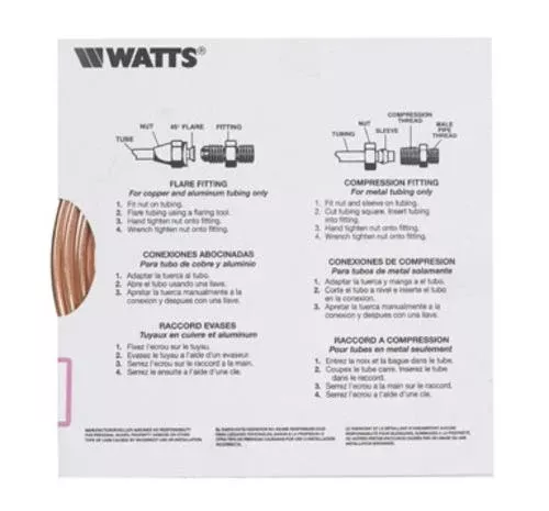 Watts UT04020 Pre-Cut Copper Tubing, 1/4" Od x 20' L