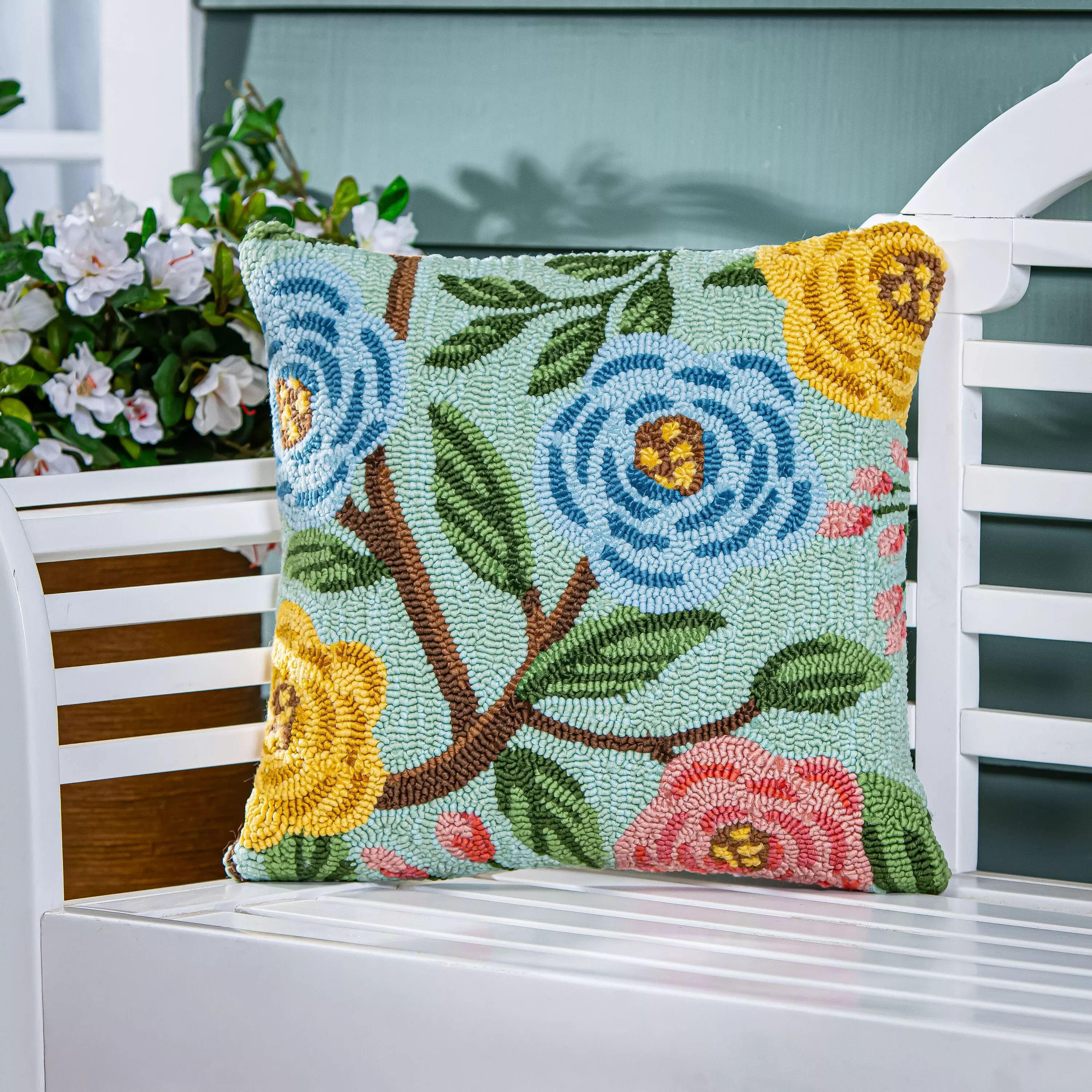 What She Shed Bloom Indoor/Outdoor Hooked Pillow 18"x18"