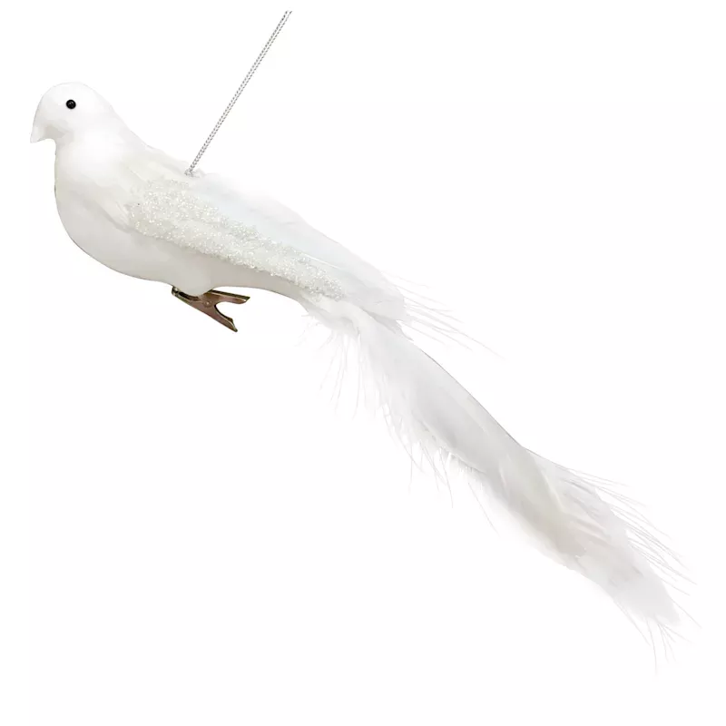 White Bird Ornament with Long Tail, 13.8"