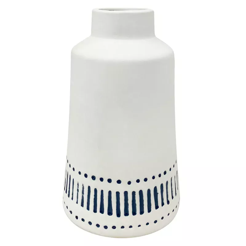 White & Blue Ceramic Vase, 8"
