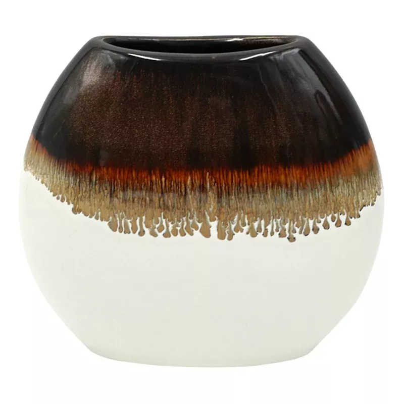 White & Brown Reactive Ceramic Vase, 7"