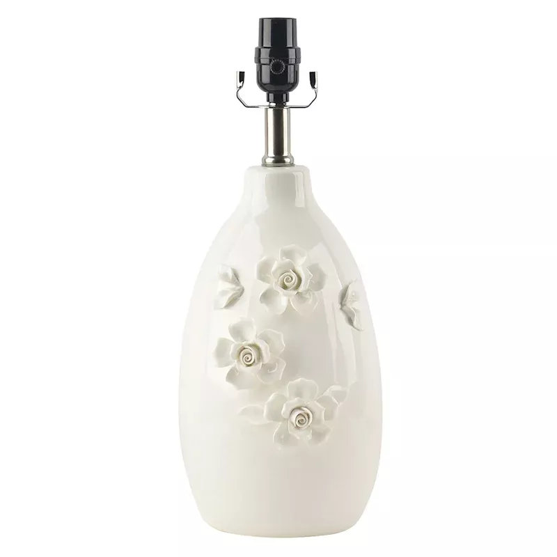 White Ceramic Floral Table Lamp Base, 17"