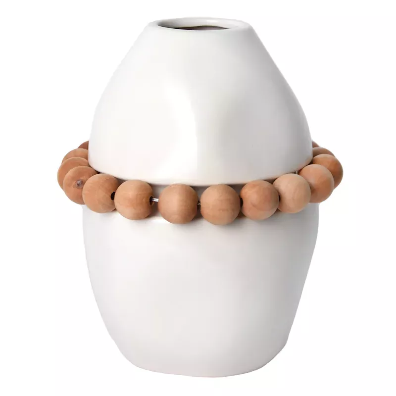 White Ceramic Vase with Beads, 8.5"