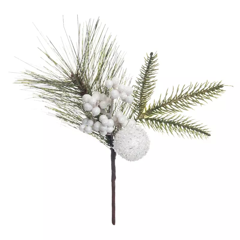 White Glittered Berry, Ball & Pine Pick, 12"