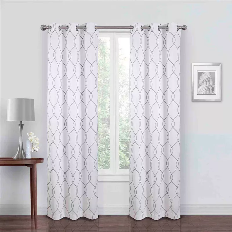 White & Grey Embroidered Blackout Grommet Curtain Panel, 95"