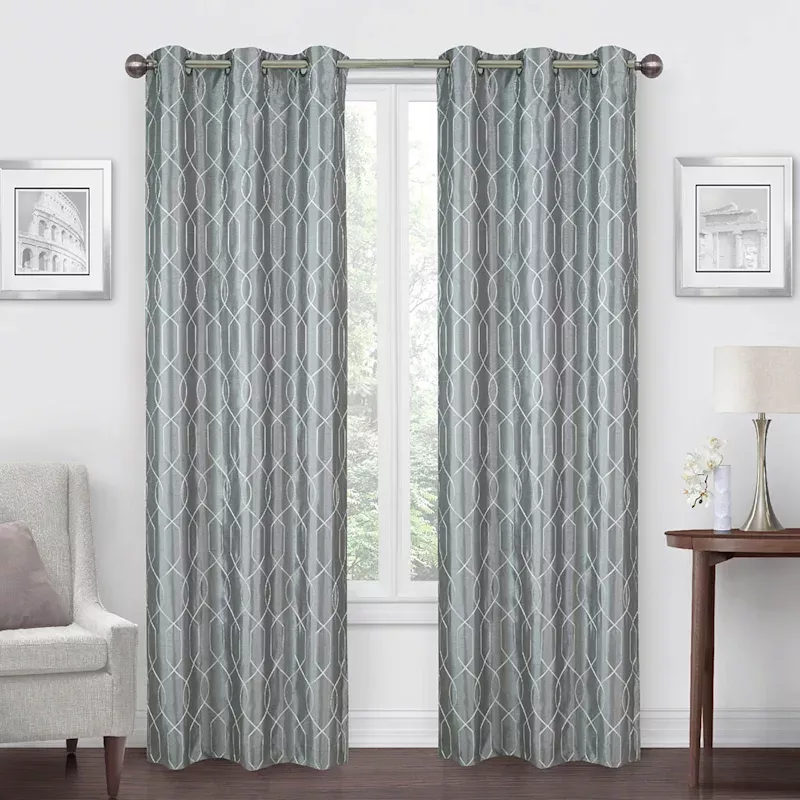 White & Grey Faux Silk Embroidered Blackout Grommet Curtain Panel, 84"