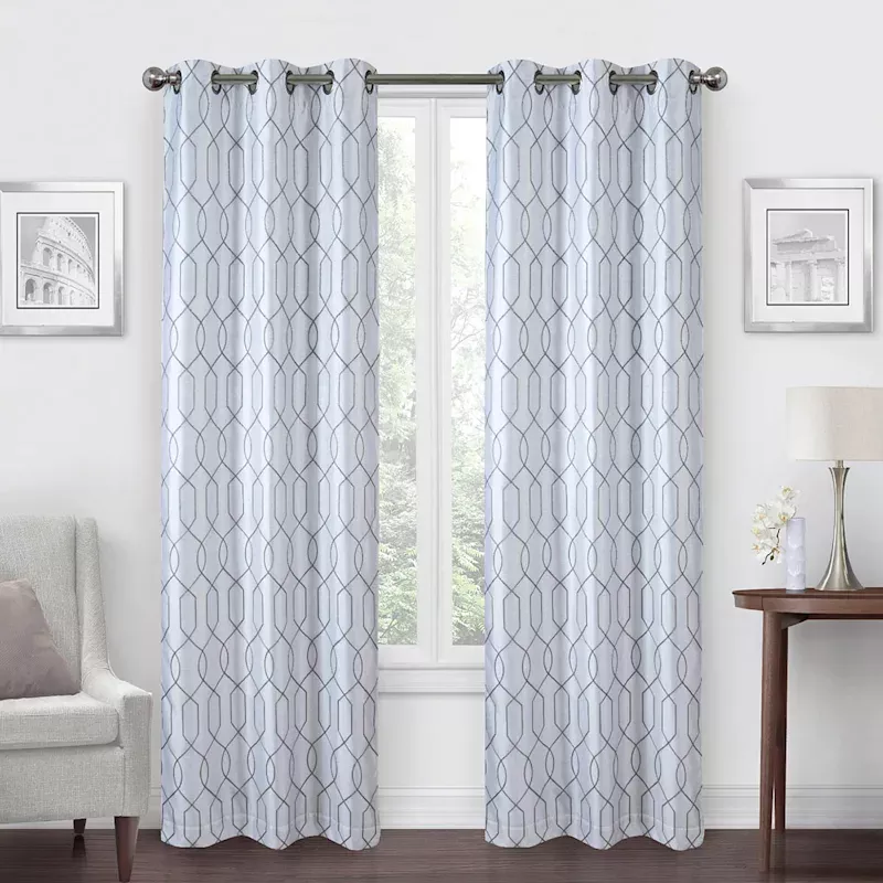 White & Grey Silk Embroidered Blackout Grommet Curtain Panel, 84"