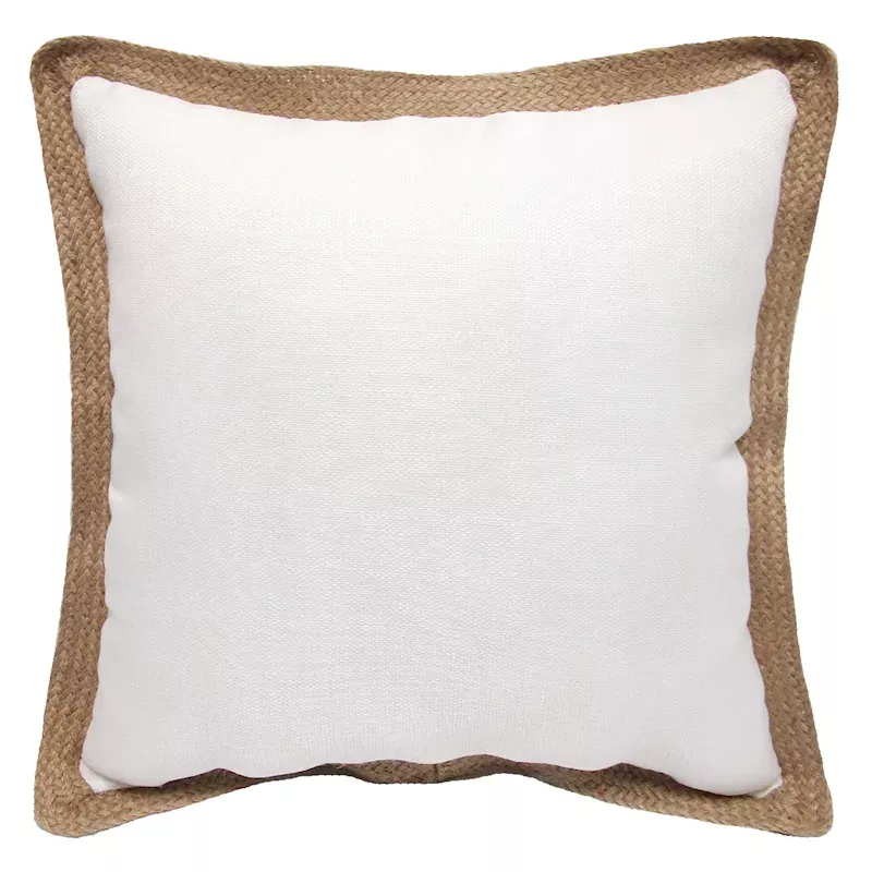 White Jute Trim Outdoor Throw Pillow, 18"