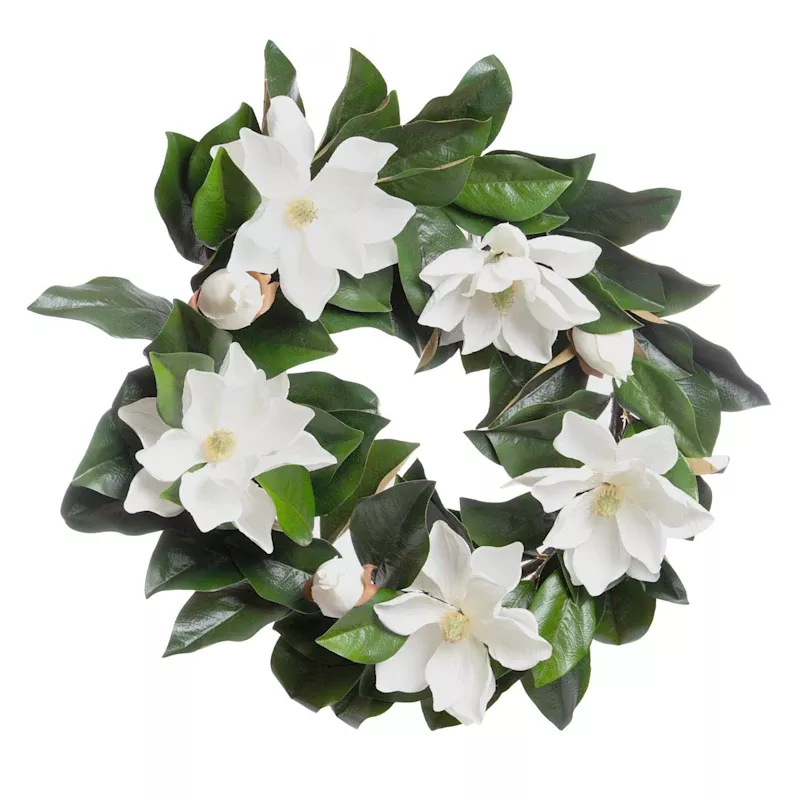 White Magnolia Floral Wreath, 28"