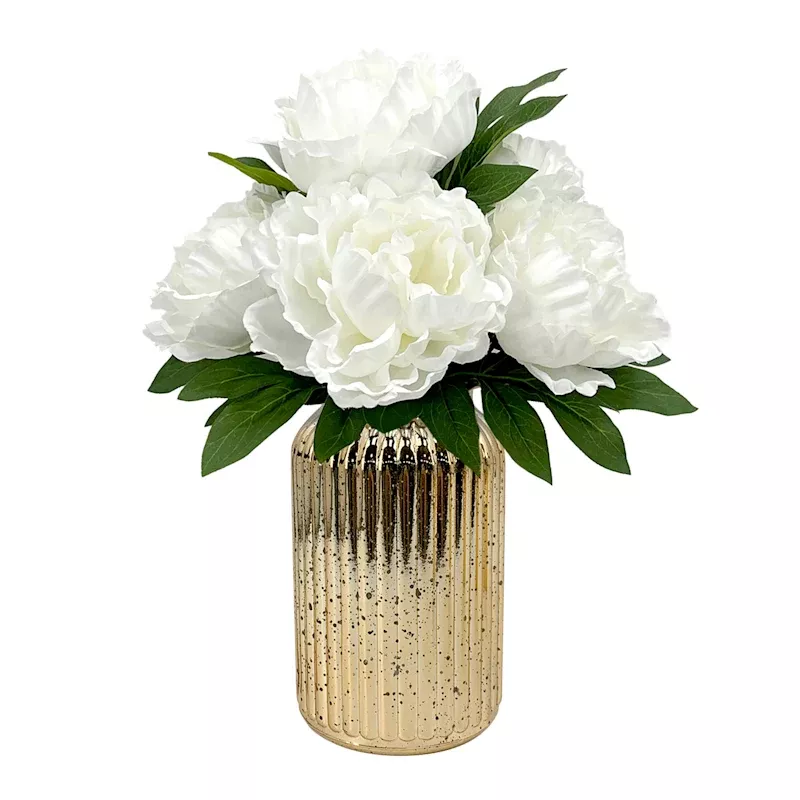 White Peony in Gold Glass Planter, 13.5"
