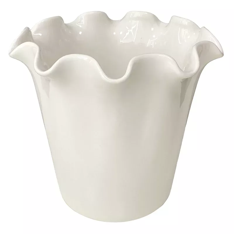White Pie Crust Edge Ceramic Vase, 10"