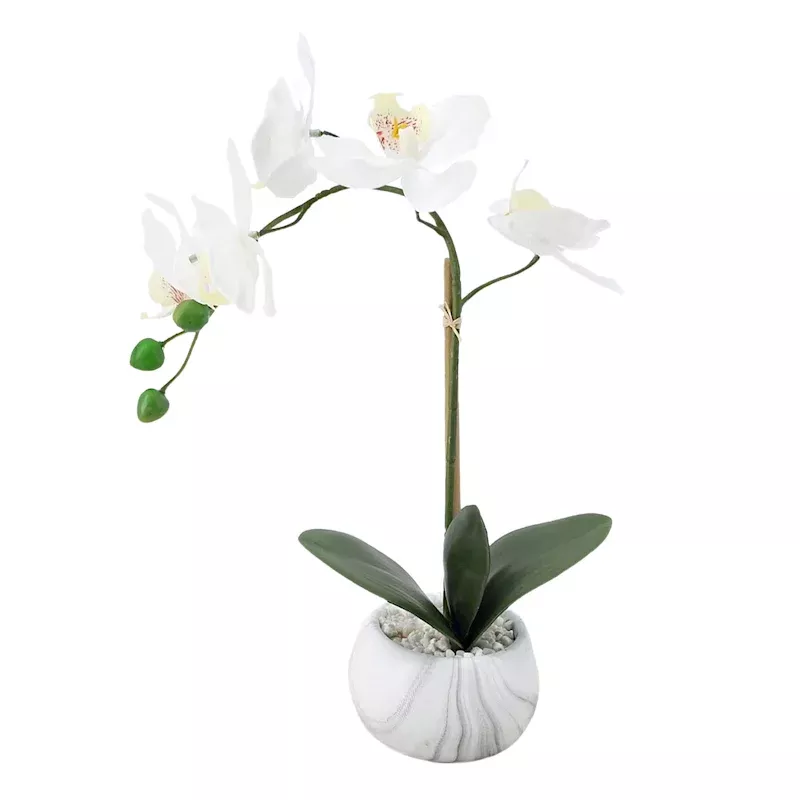 White Real Touch Orchid in Cement Pot, 13.5"