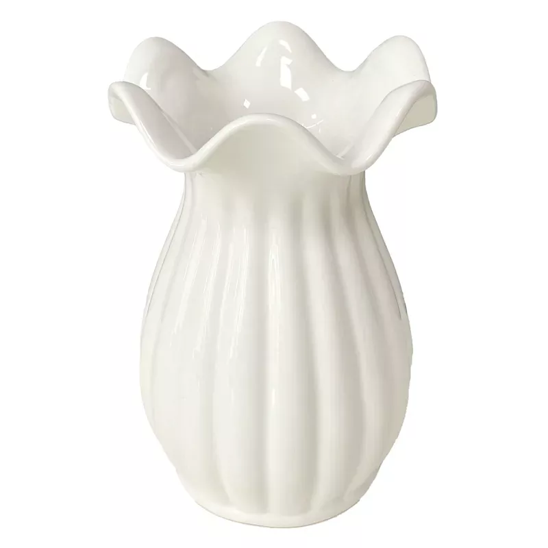 White Ribbed Pie Crust Rim Ceramic Vase, 7"