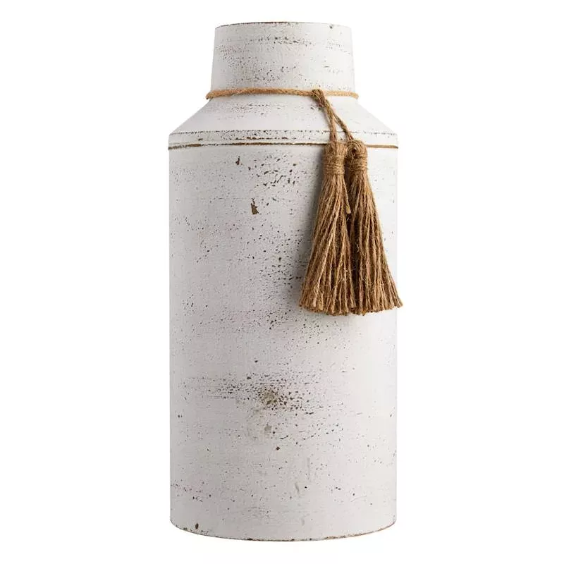 White Tassel Metal Vase, 13.5"