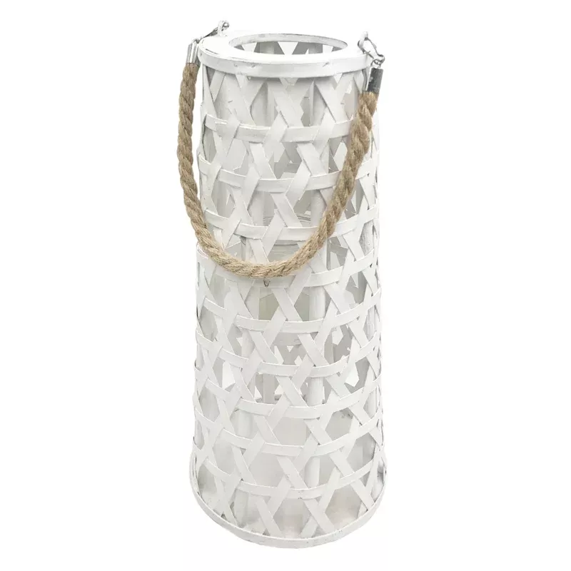 White Wood Cutout Lantern with Rope Handle, 16"