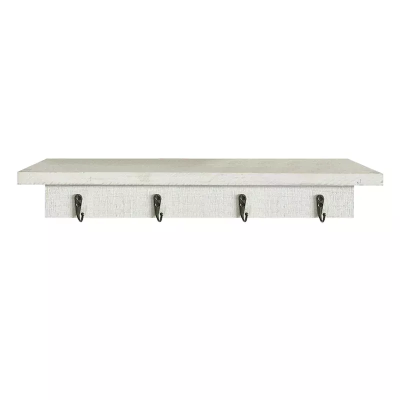 White Wooden Wall Shelf with Hooks, 20"