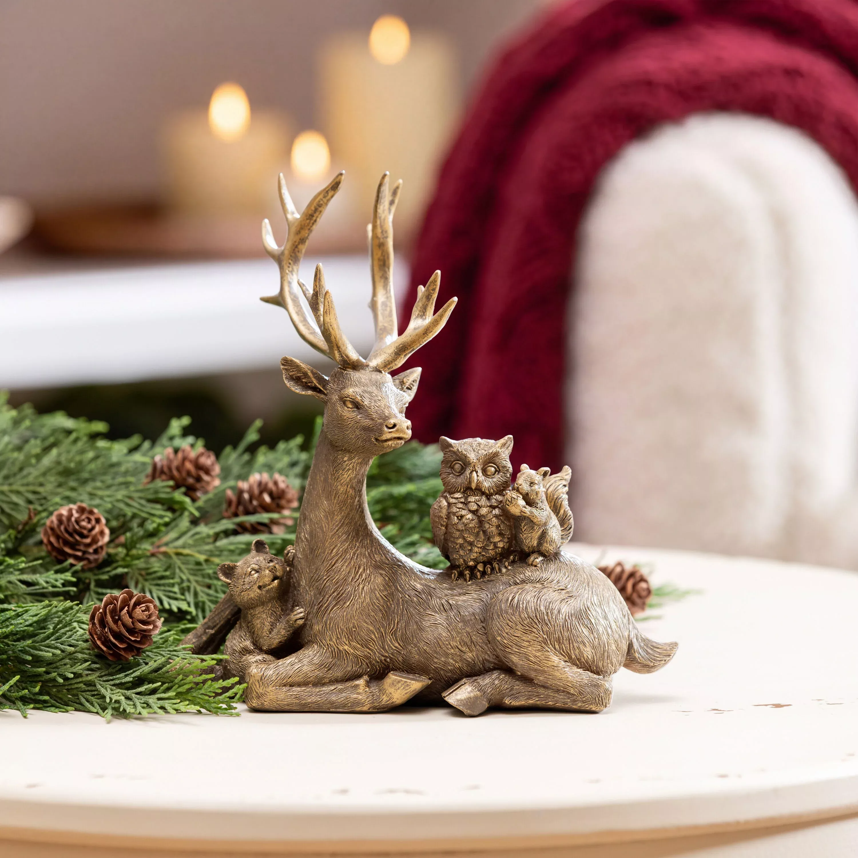 Winter Grove, Resin Reclining Deer with Owl & Squirrel Statuary, 8"H