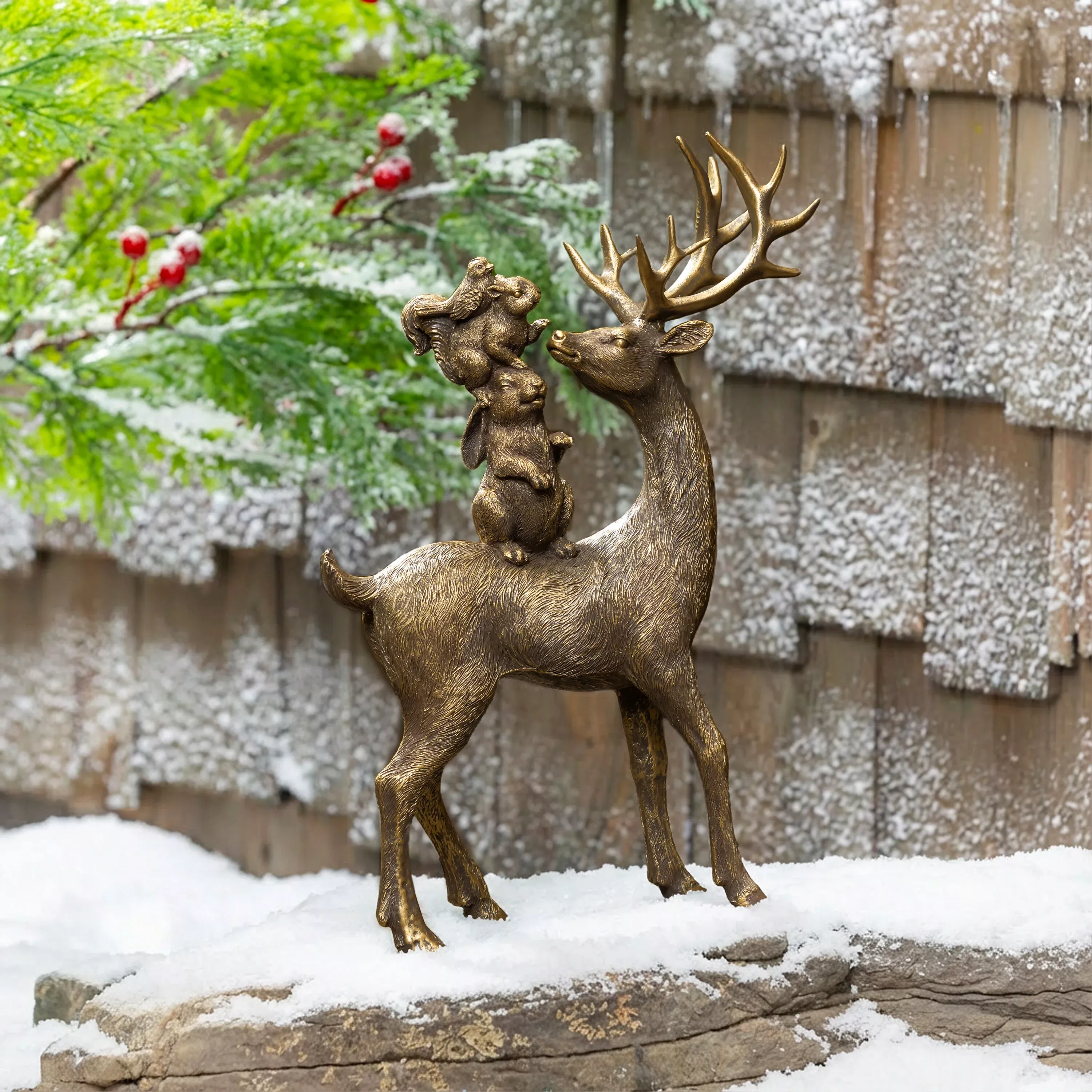 Winter Grove, Resin Standing Deer with Squirrel & Rabbit Statuary, 12"H