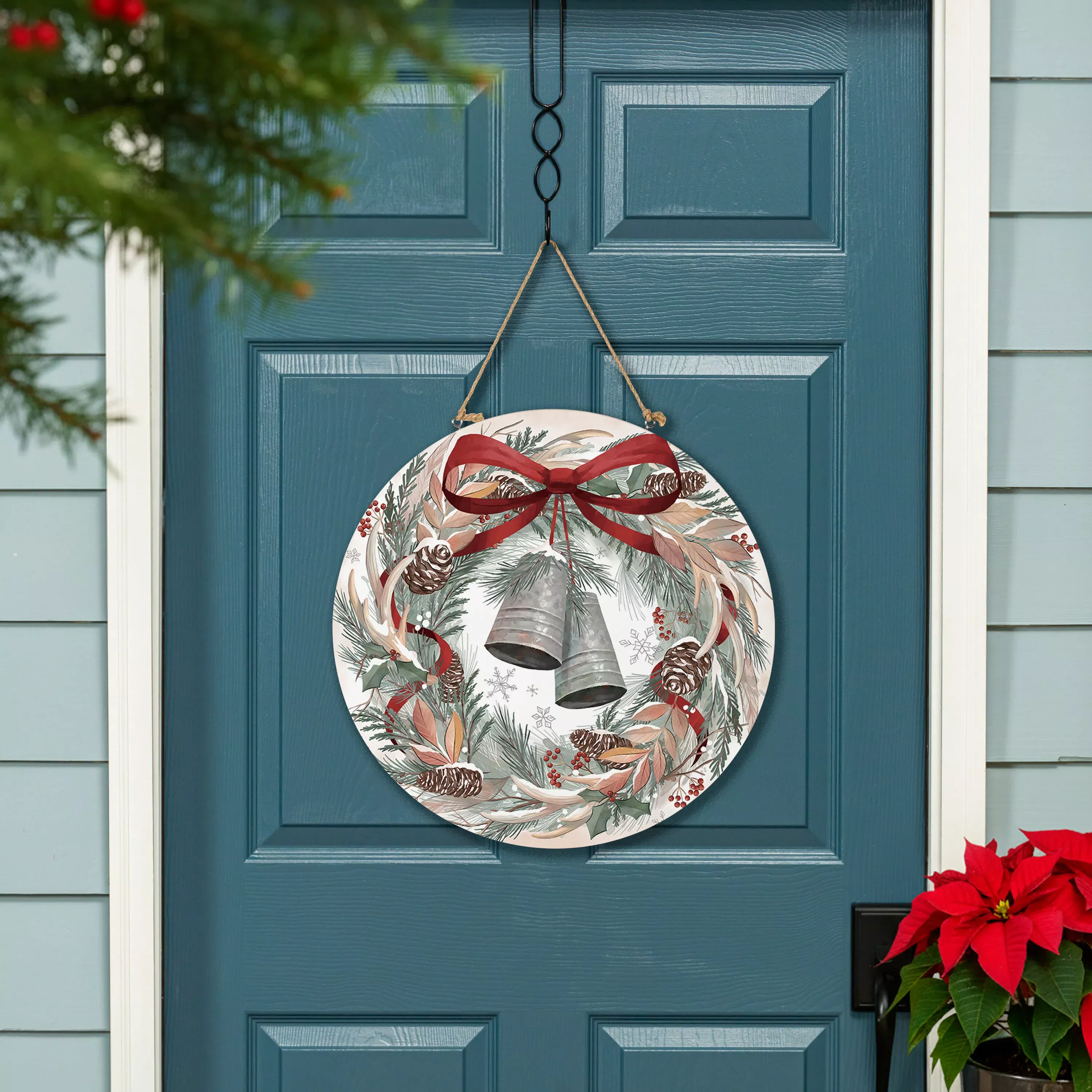 Winter Grove Wreath And Bell Door Décor, MDF, 18"