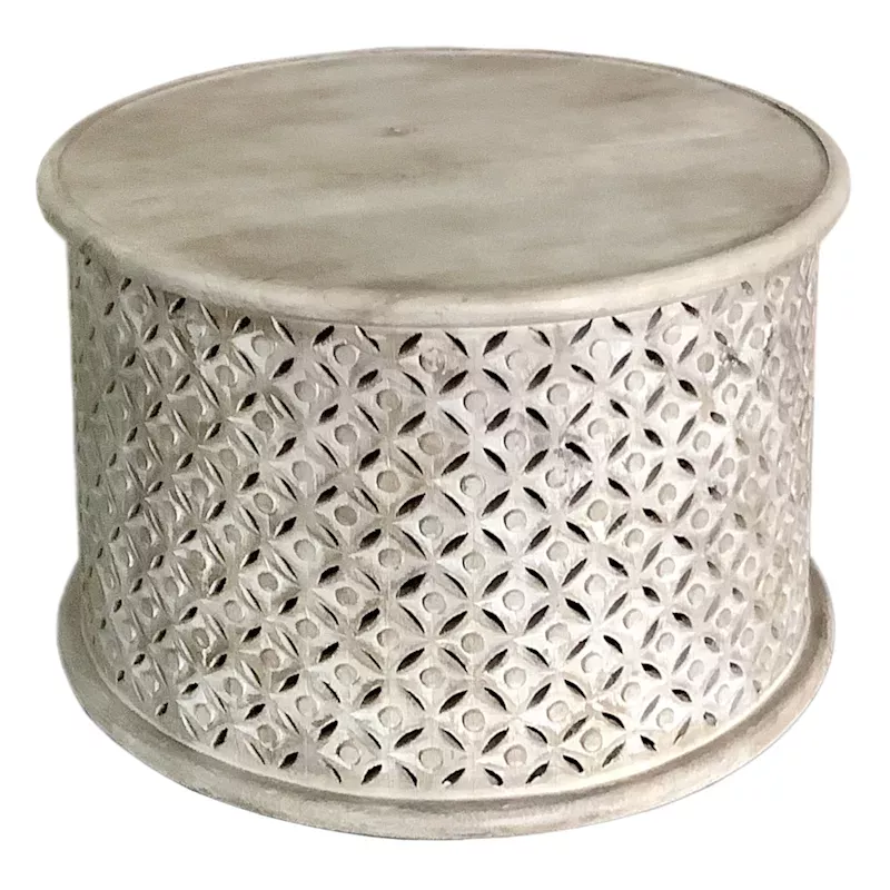 Wooden Cutout Drum Coffee Table, White Washed Finish