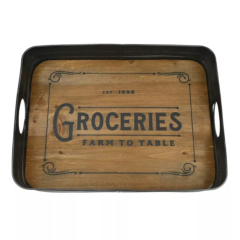 Wooden Groceries Tray with Metal Border, 17.5"