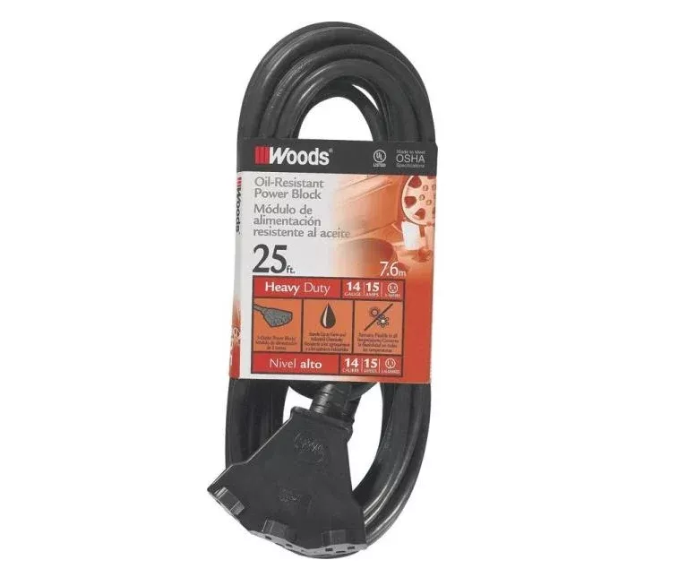 Woods 2451 Oil Resist Power Block Extension Cord, 25', Black
