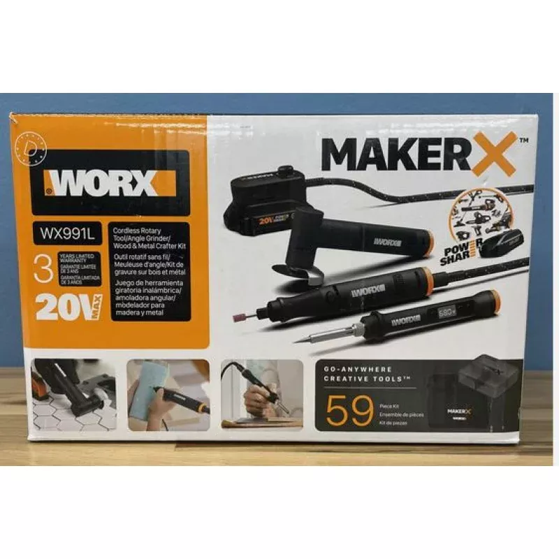 Worx 20V MAKERX 3pc Combo Kit – Rotary Tool + Angle Grinder + Wood/Metal Crafting Tool WX991L