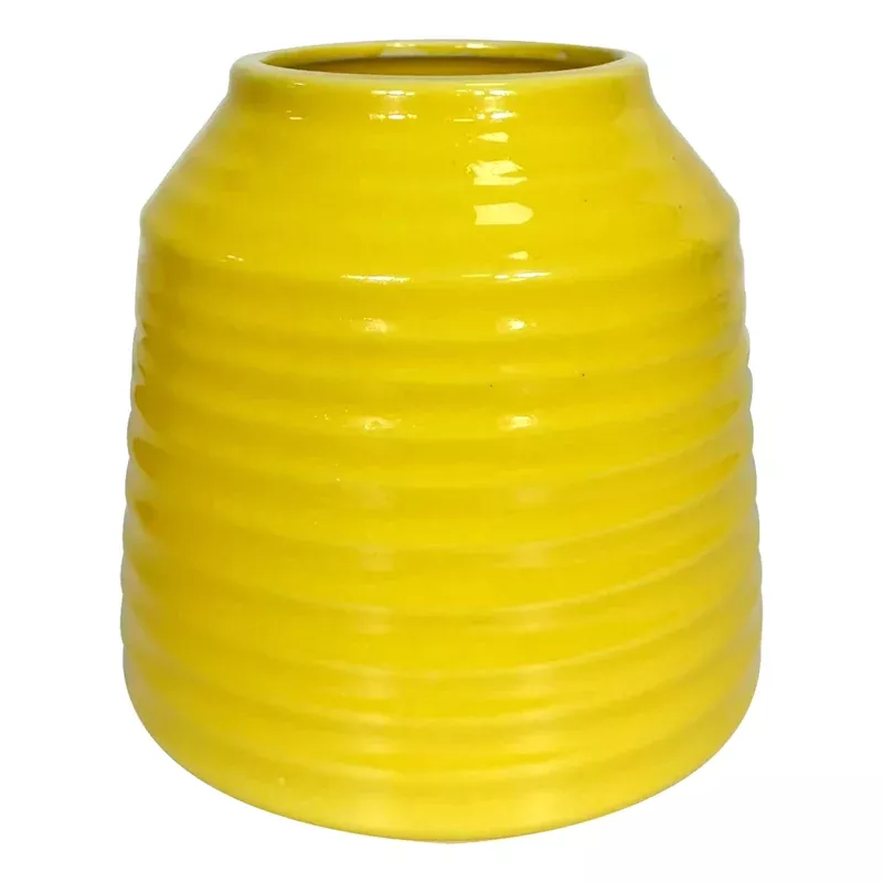 Yellow Ribbed Ceramic Vase, 6"